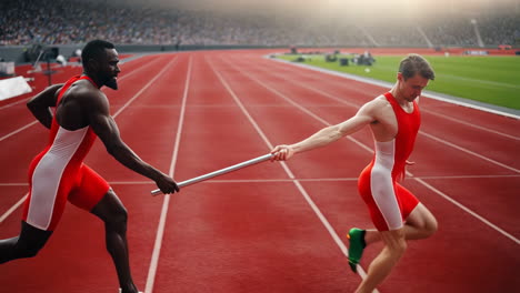 athletes performing a baton exchange in a relay race