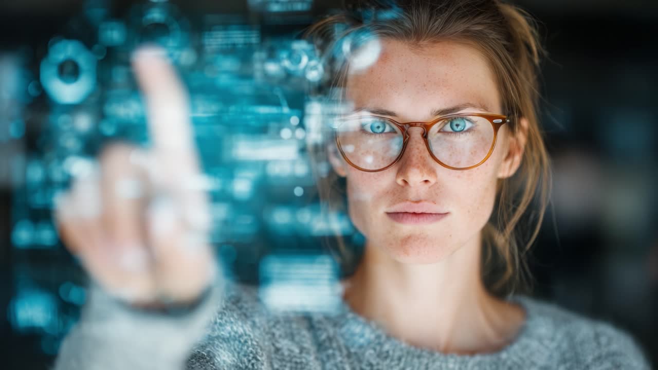 A focused individual interacts with a digital interface, showcasing a blend of technology and human intellect in a futuristic workspace environment