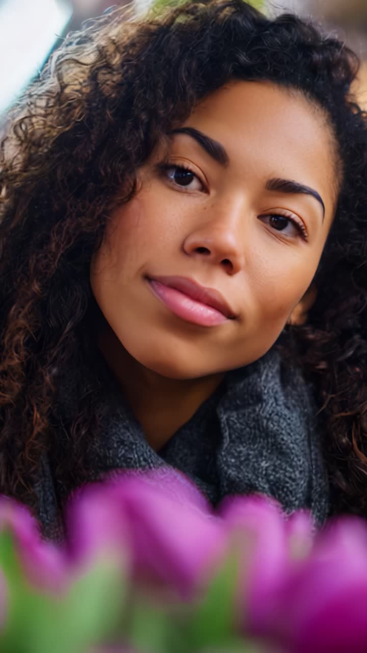 Um retrato cativante de uma mulher com cabelo cacheado e um lenço cinza, emoldurada por flores roxas vibrantes em um ambiente natural