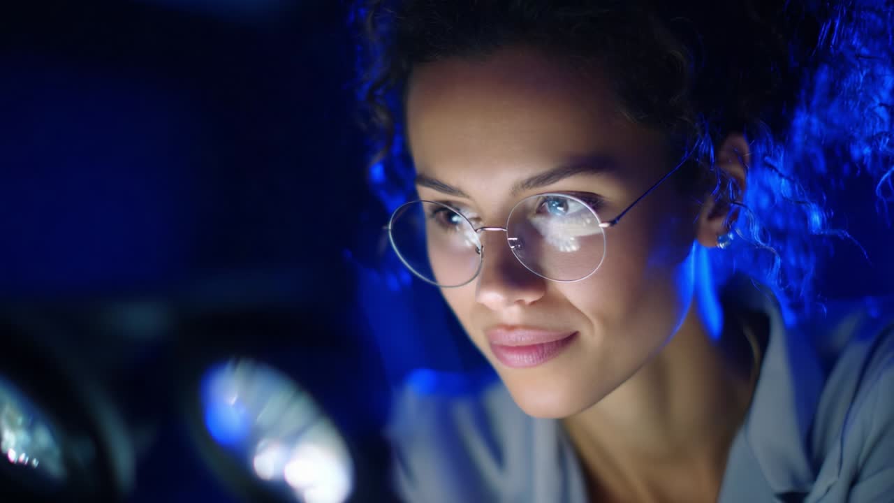 Capturing Insight: An Engaged Individual Analyzes Data Under Soft Lighting, Highlighting Their Concentration and Dedication to Their Work Amidst a Blue-Toned Background Featuring Spotlights