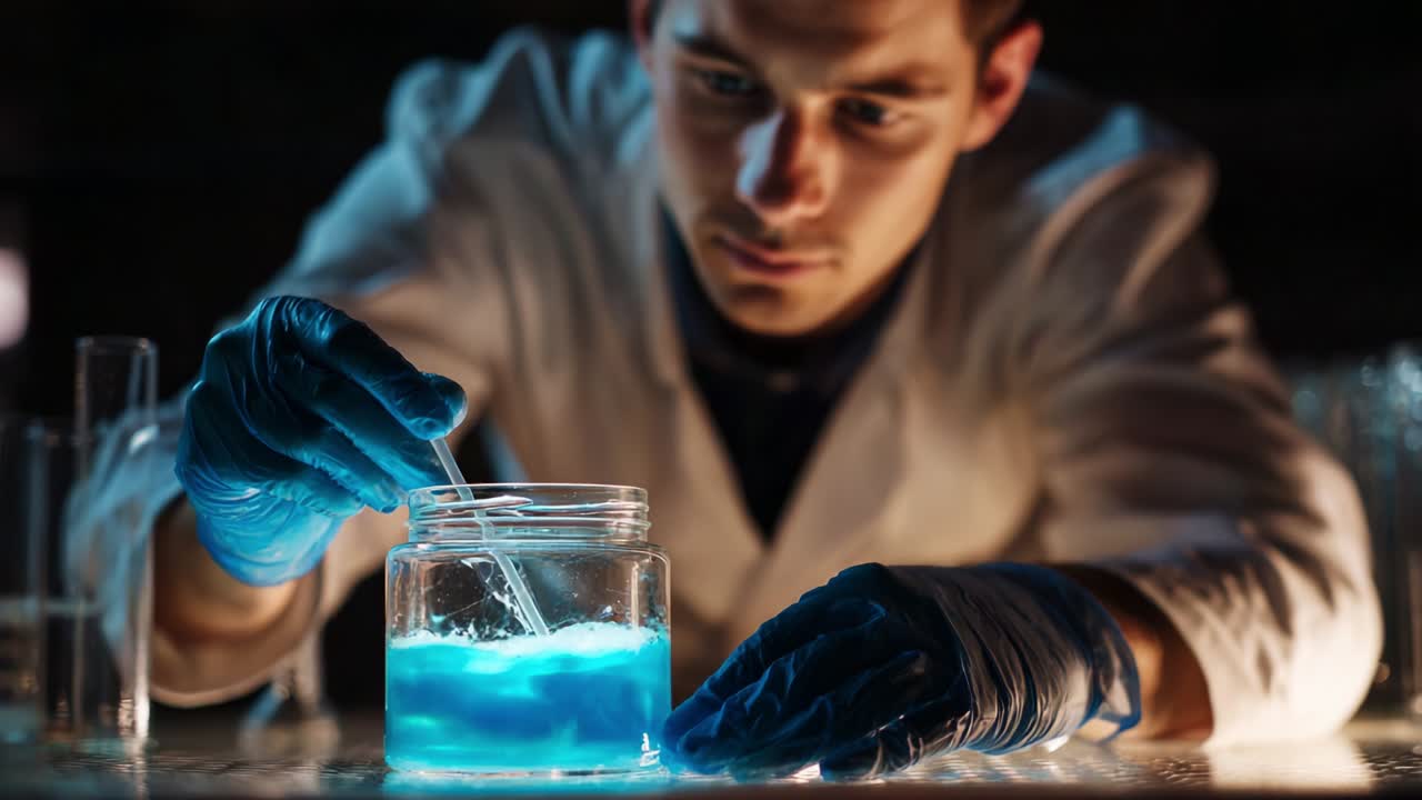A dedicated scientist carefully conducts an experiment in a dimly lit laboratory, focusing on a glowing blue liquid in a glass jar, showcasing the mesmerizing effects of chemical reactions and scientific inquiry