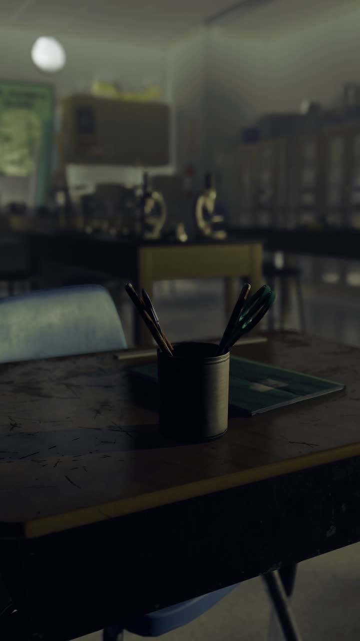 Pupitres en un aula con poca luz y material educativo sobre una mesa