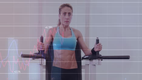animación de procesamiento de datos sobre mujer caucásica en forma haciendo ejercicio