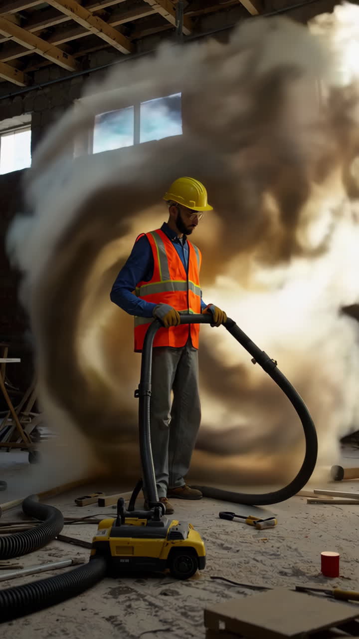 Lavoratore edile che pulisce la polvere