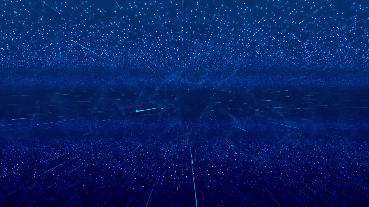 Immersive motion backdrop showcases glowing blue particle forming abstract grid across digital space