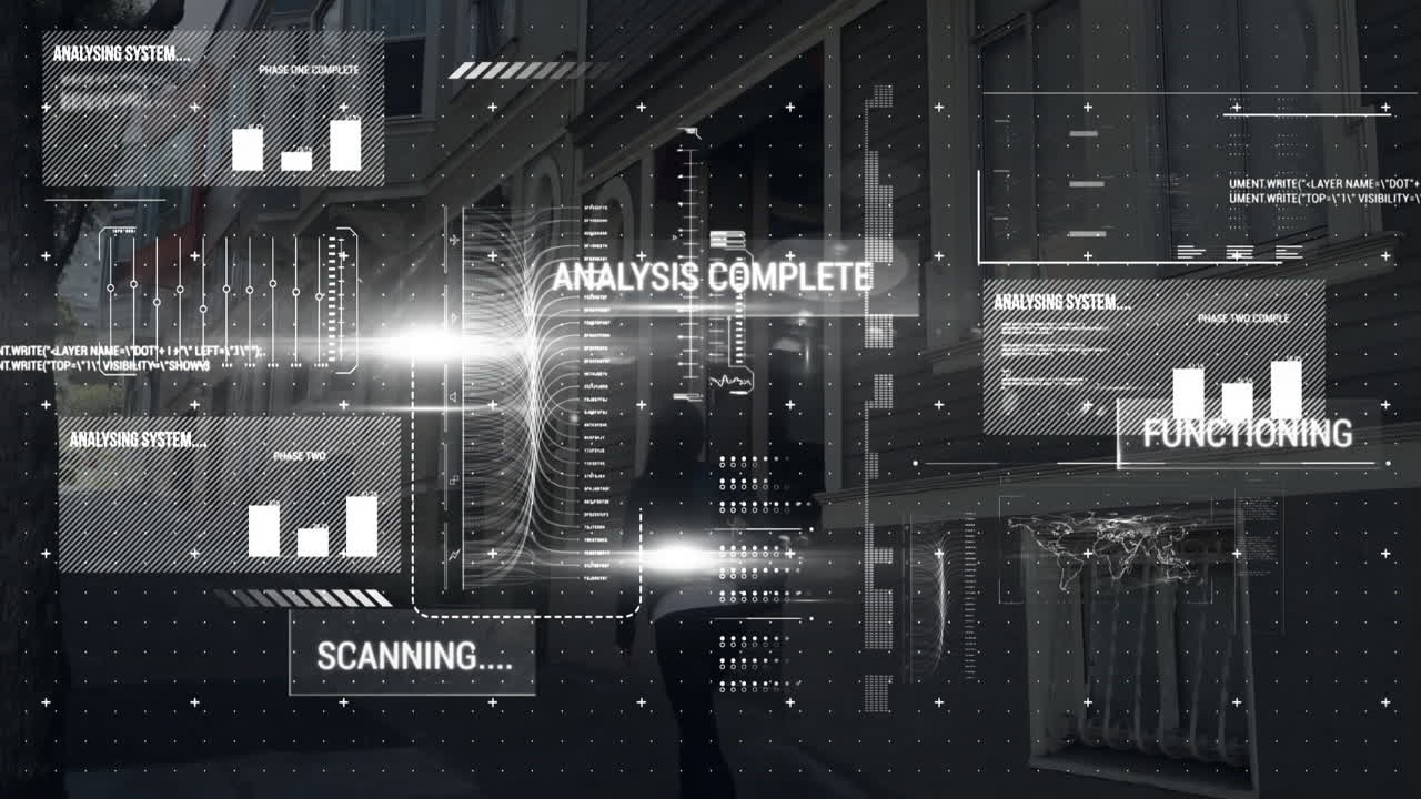 Data scanning and analysis complete animation over urban street scene