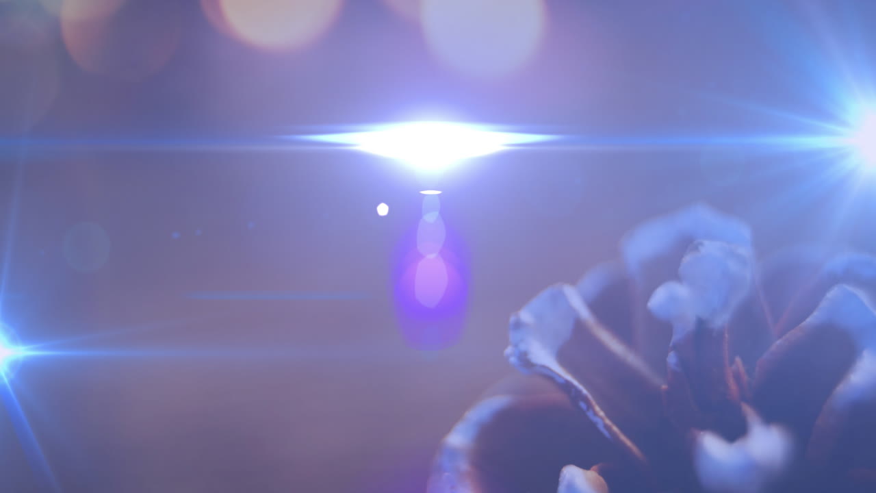 Animation of glowing lights moving over fir tree cone christmas decorations