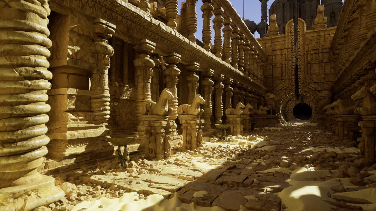 Ancient temple ruins reveal intricate carvings and history in daylight