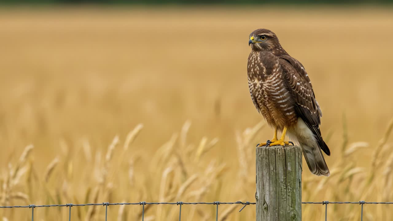 Hawk Perched on a Fence Post in a Golden Field
