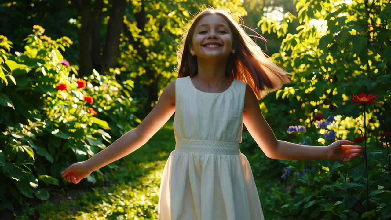 Joyful Young Girl Running Through a Sunny Garden