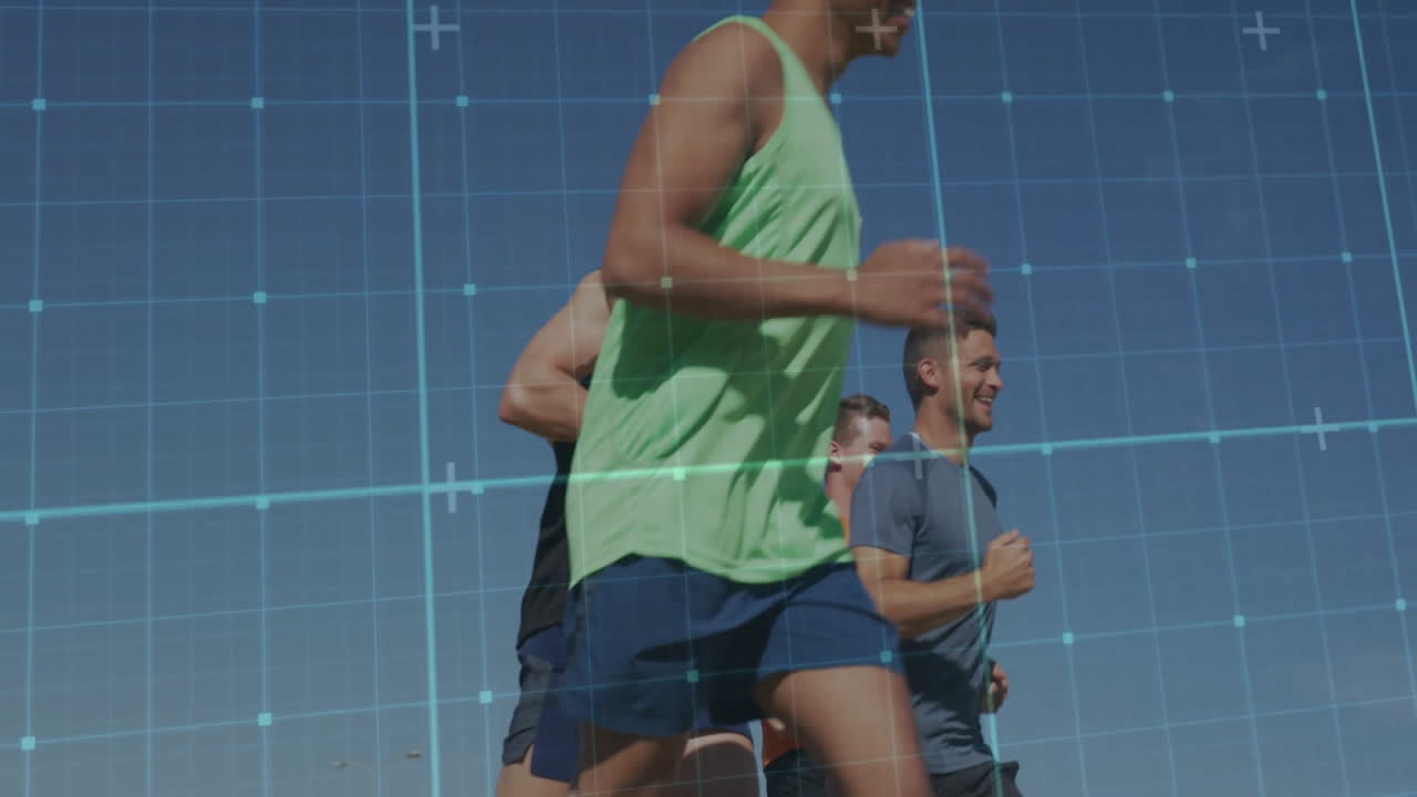 Running outdoors, people with digital grid overlay suggesting animation data analysis