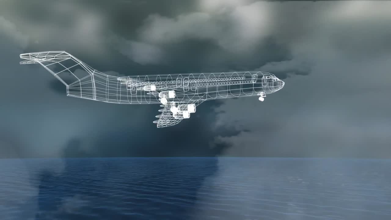 animación de un dibujo técnico 3d de un modelo de avión con fondo de océano y nubes