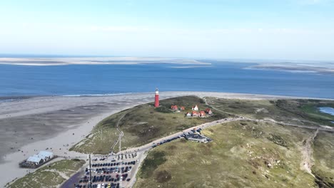 aerial view of a red lighthouse on a sandy beach