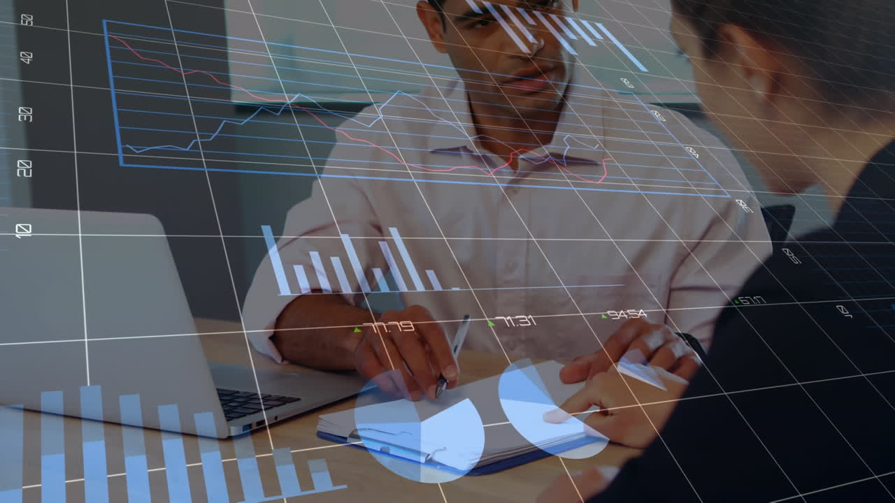 Animation of statistical data processing against diverse man and woman shaking hands at office
