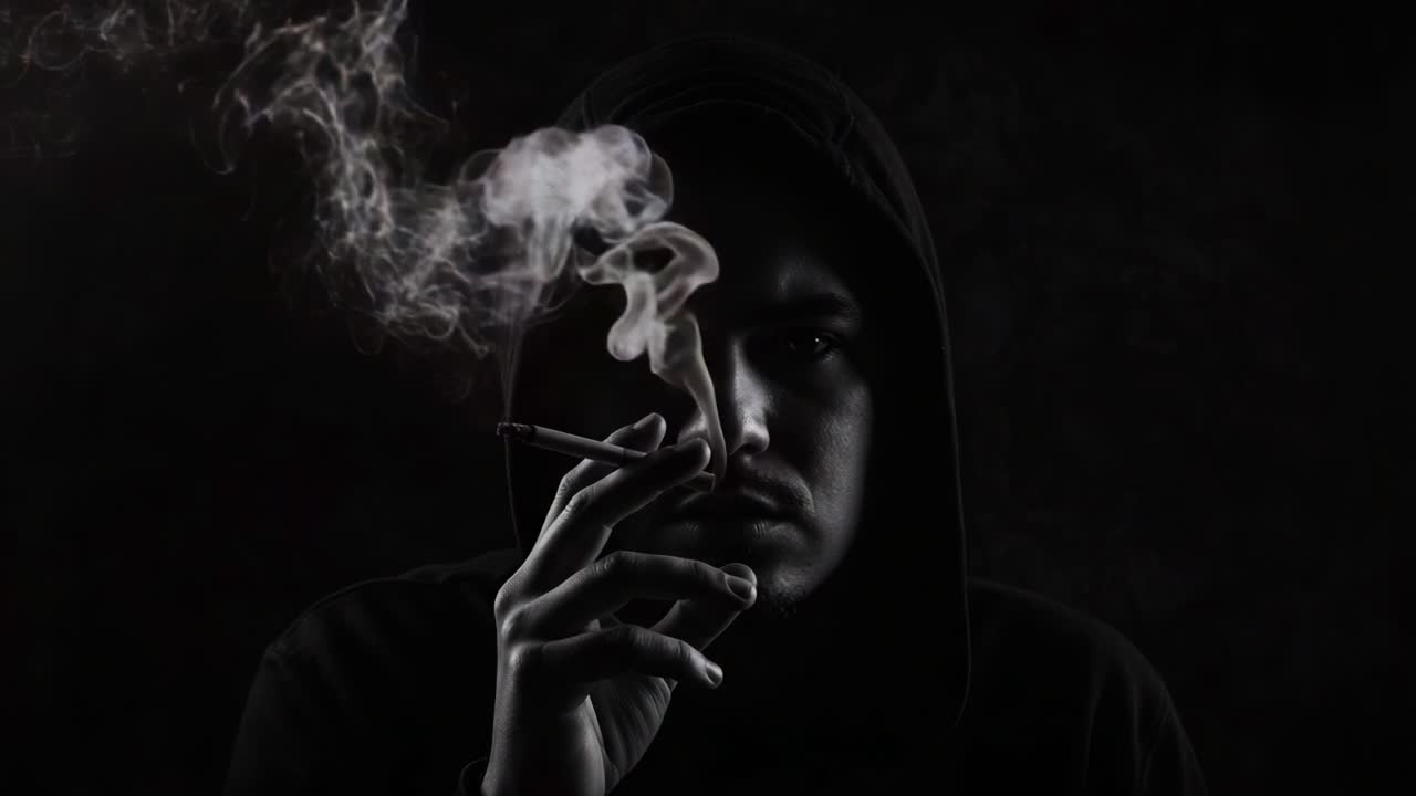 A Mysterious Figure in a Hoodie Exudes Intrigue While Smoking in a Darkened Atmosphere, Surrounded by Spiraling Smoke That Adds to the Enigmatic Vibe of the Scene