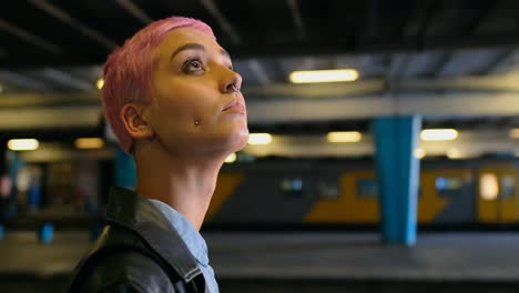 woman using mobile phone in railway station 4k