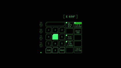 Complex green monitor display or computer screen showing data with numbers and text