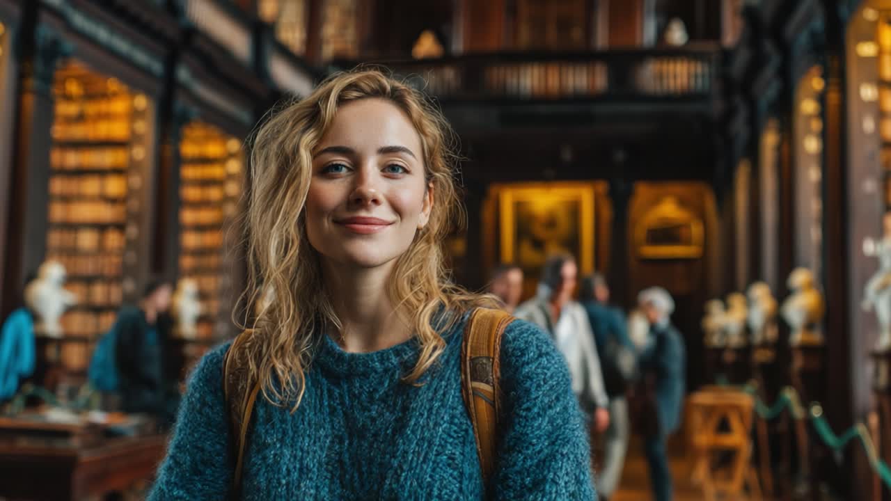 A Young Woman Smiling in a Grand Library, Embracing the Beauty of Literature and the Atmosphere of Knowledge in an Intricate Historic Setting