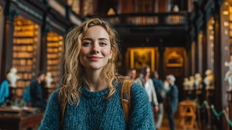 Una giovane donna sorridente in una grande biblioteca, che celebra la bellezza della letteratura e l'atmosfera del sapere in un ambiente storico complesso