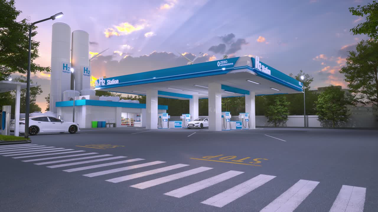 Moderna stazione di rifornimento di idrogeno con auto elettrica e turbine eoliche