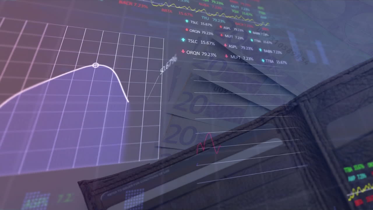 animación del procesamiento de datos financieros sobre dinero y billetera