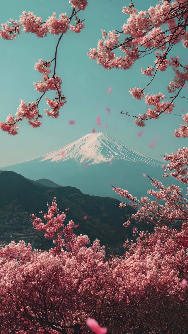 Fiori di ciliegio che cadono con il Monte Fuji sullo sfondo