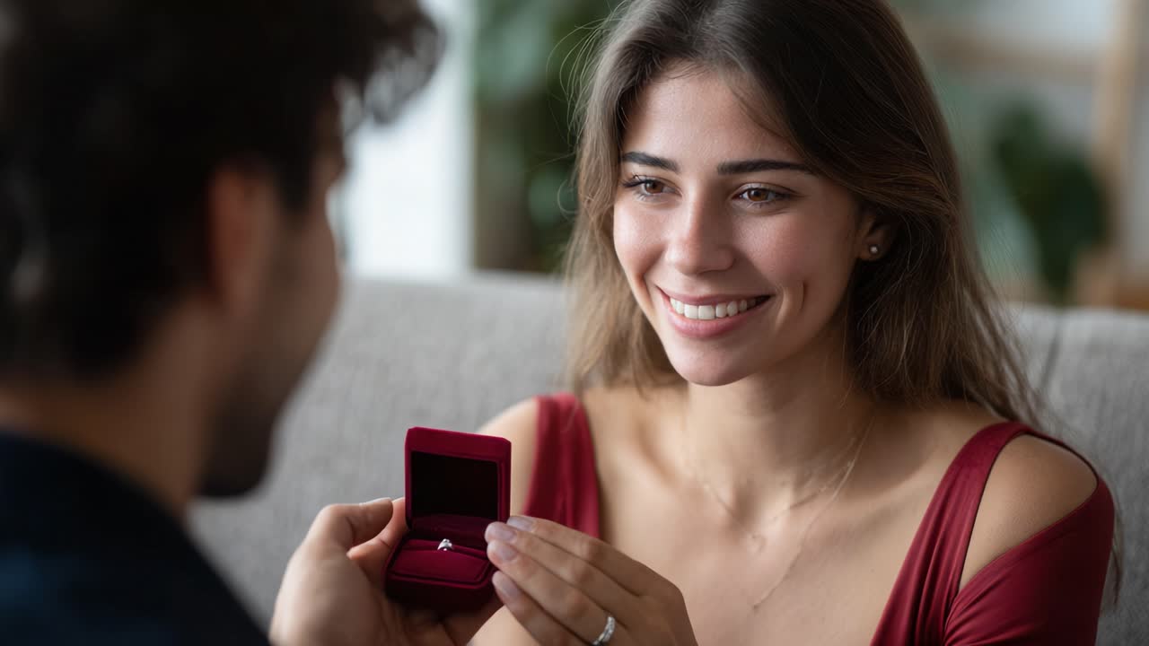A Beautiful Moment of Joy and Proposal: A Young Woman's Delight and Excitement as She Holds an Engagement Ring from a Loving Partner in a Cozy Setting