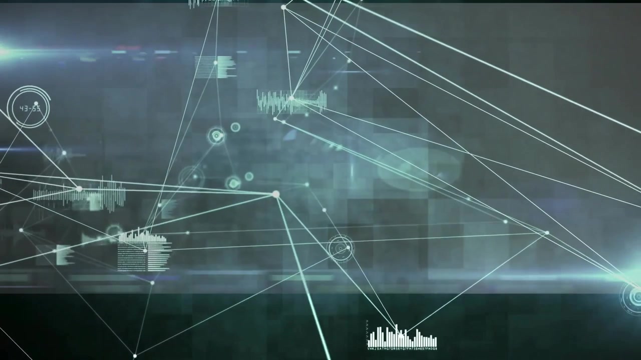 data analyst monitoring virtual technology interface, with glowing network lines and HUD bar charts