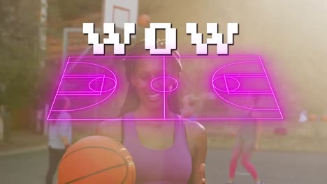 animation of wow text and neon stadium over diverse female basketball players playing