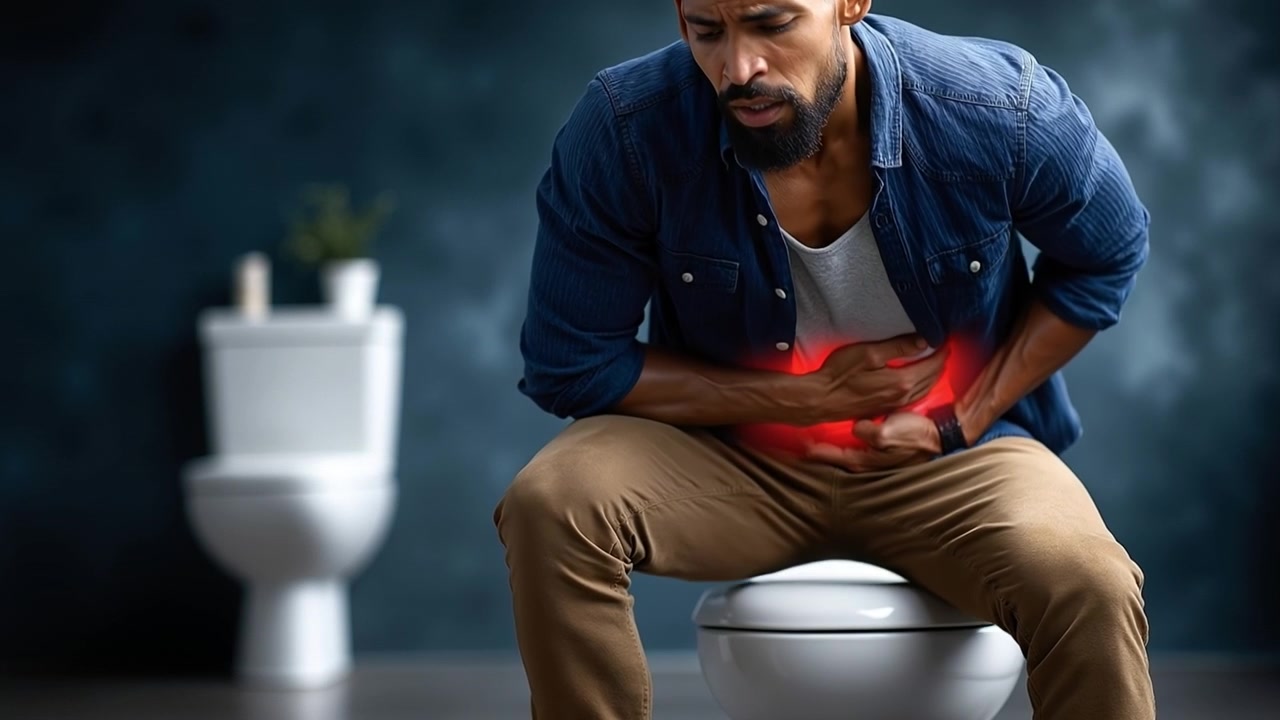 Man sitting in a bathroom holding his stomach while experiencing abdominal pain or digestive discomfort