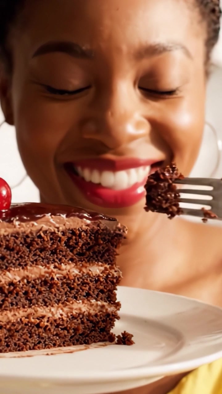 Delightful Chocolate Cake Experience: A Woman's Joyful Reaction as She Prepares to Indulge in a Rich, Decadent Dessert Garnished with Cherry on Top