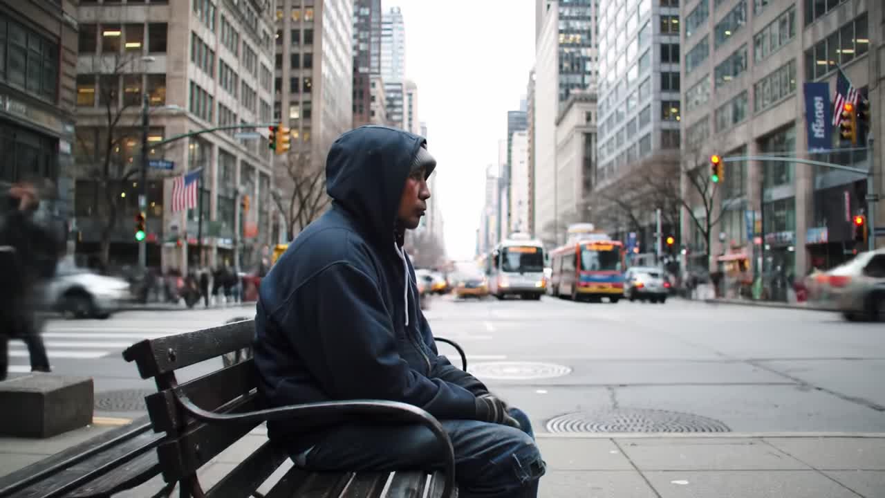 A solitary individual sits quietly on a bench in a busy city, observing the fast-moving buses and pedestrians around them. The scene captures urban life and loneliness.