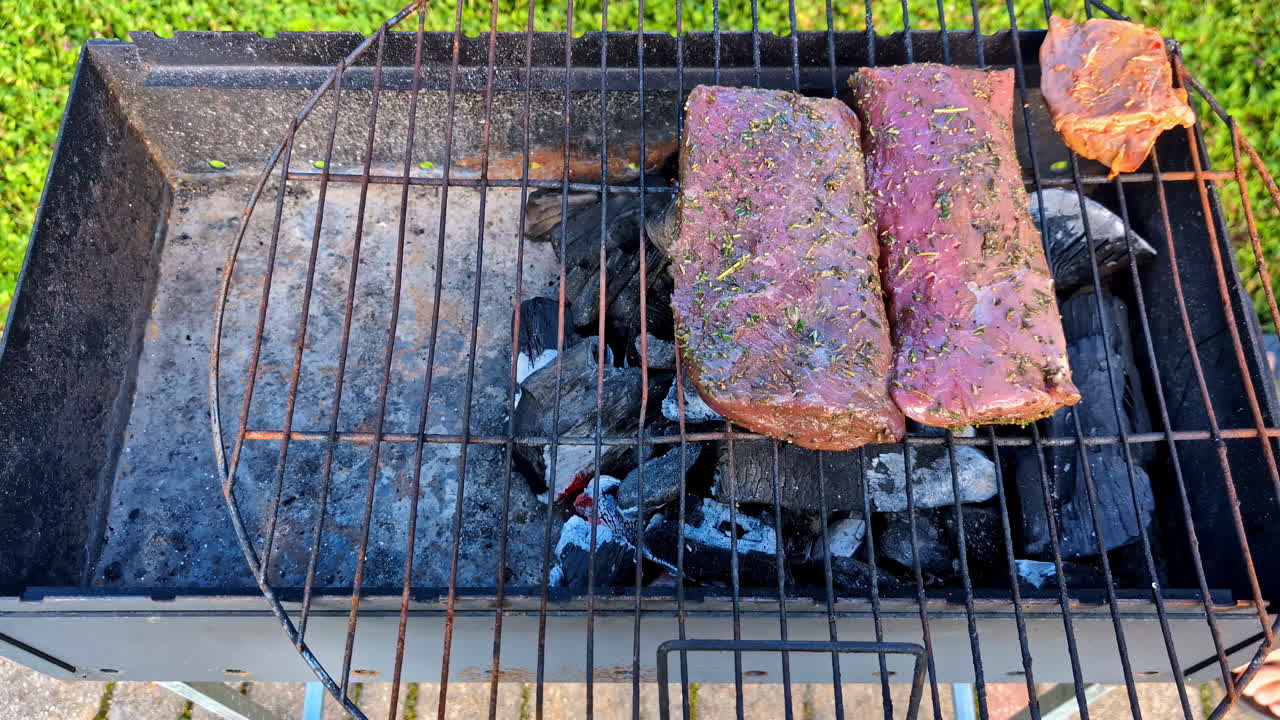 마리네이트 된 고기 고기를 bbq 바베큐 그릴 야외 오븐에 놓는 사람의 느린 움직임 클로즈업 뜨거운 석탄 위에 느린 조리기 식품 생산 레시피 저녁 식사