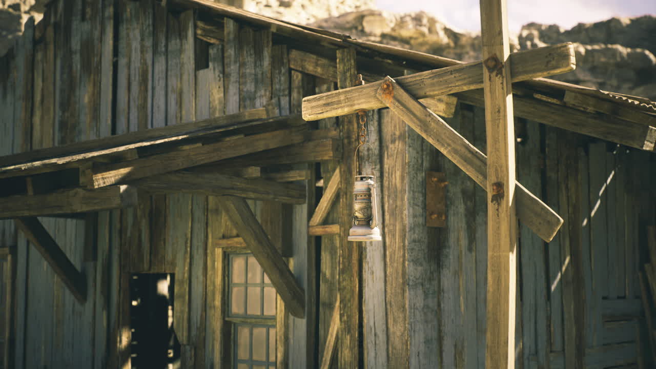 Rustic wooden structure with hanging bell in a sunlit abandoned setting