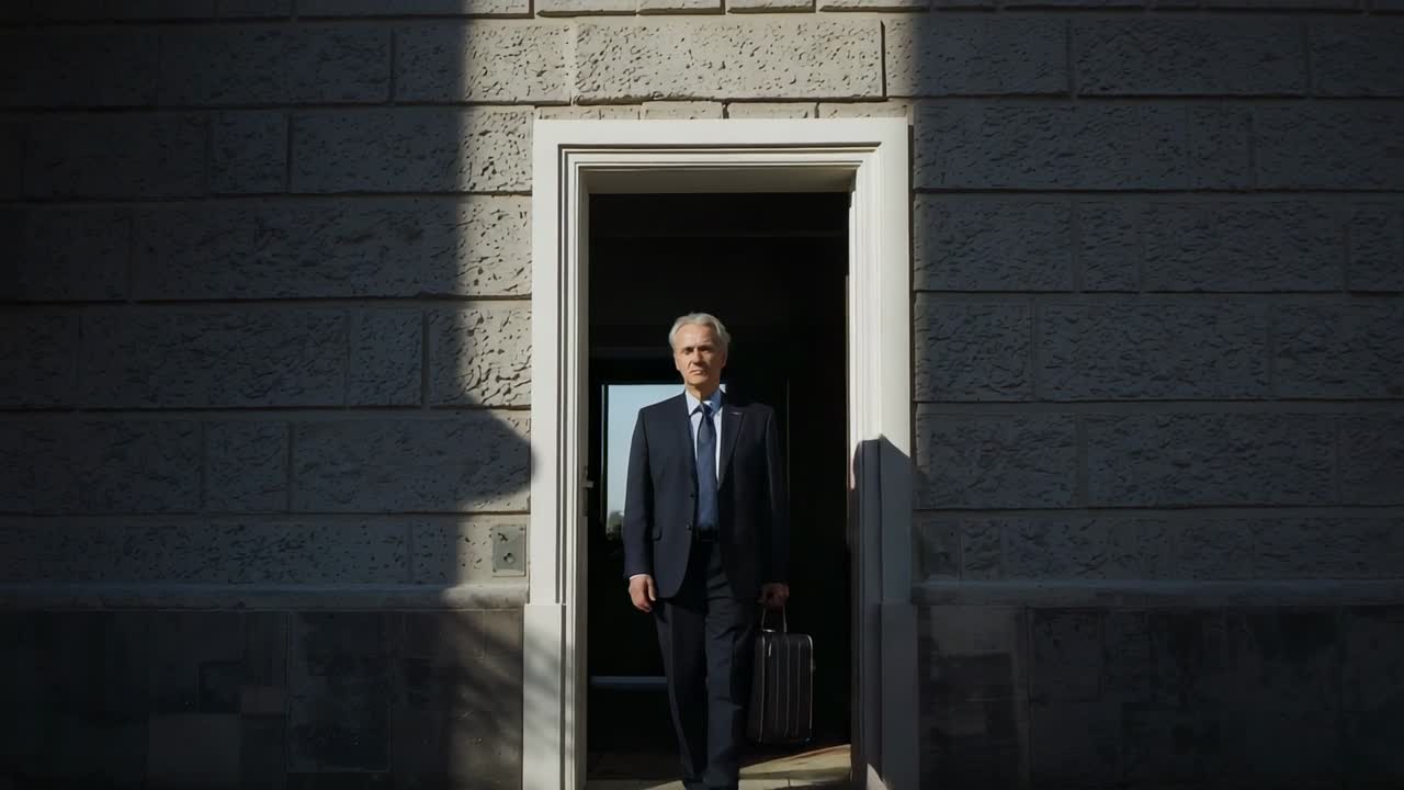 Uomo che avanza con passo sicuro, in abito scuro e cravatta, mentre esce da una porta di pietra, tenendo in mano una valigetta con le ruote