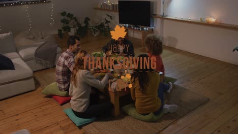 animation of happy thanksgiving day text over happy diverse friends eating