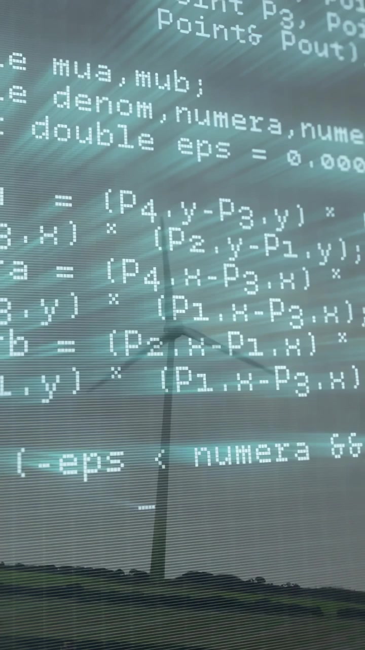 Wind gusting pushing turbine blades rotating while code overlay scrolling, showing network tech