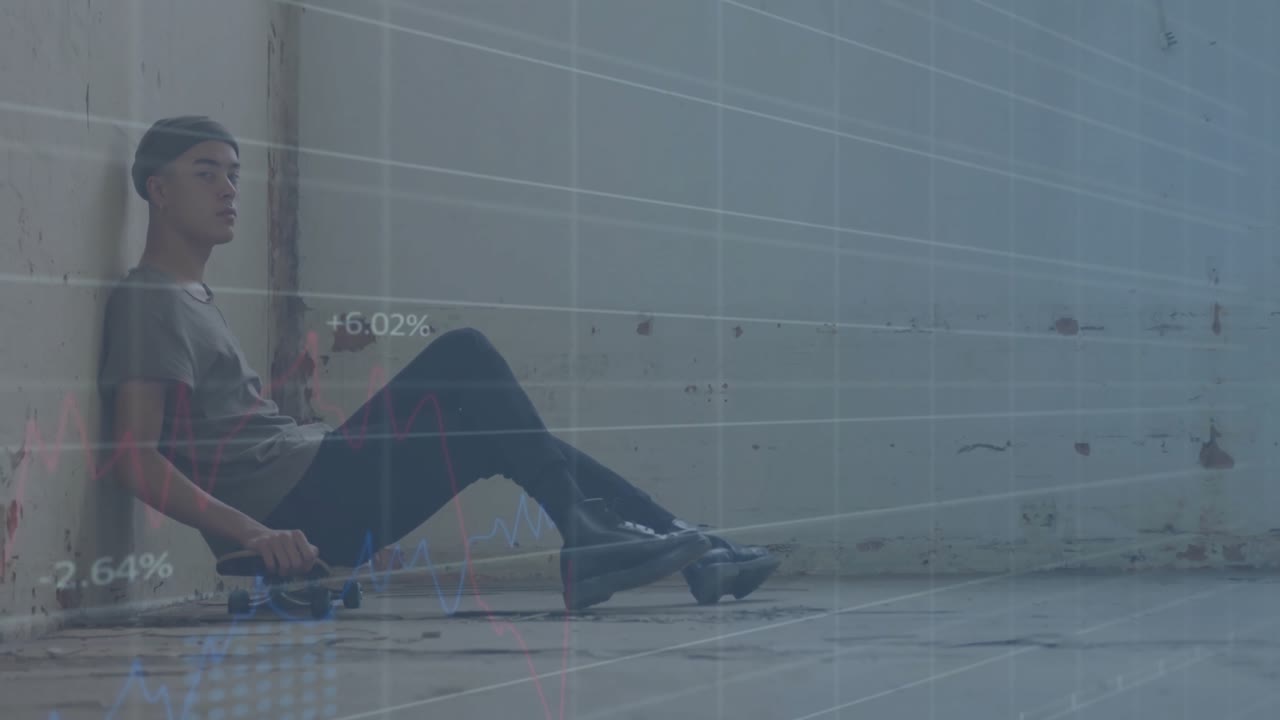 Animation of multiple graphs with changing numbers over man sitting on skateboard