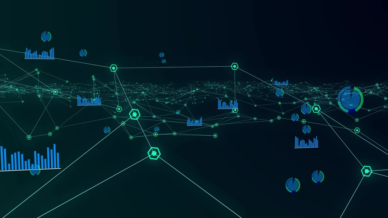 Glowing network of connections and graphs moving against black background