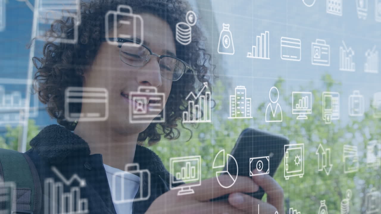 animación de iconos de negocios sobre un empresario biracial que usa un teléfono inteligente