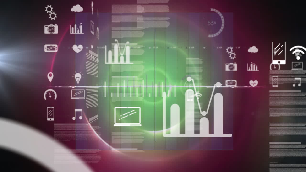 Animation of digital data charts and icons on abstract green and red background