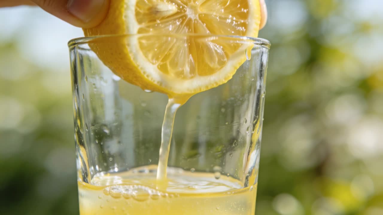 Mano che sprema un limone sopra un bicchiere su un patio soleggiato, rilasciando goccioline e increspature per una pubblicità di bevande