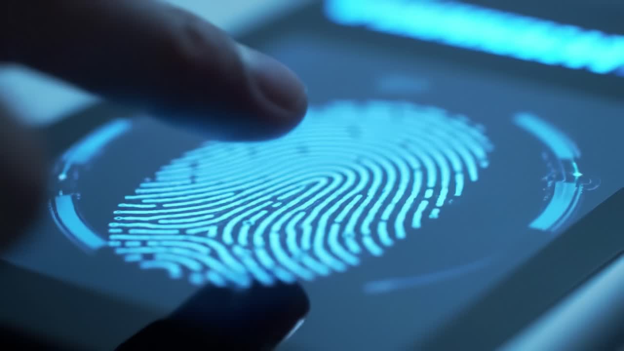A person uses a fingertip to authenticate their identity on a smartphone screen featuring a blue fingerprint illustration. This method enhances device security and convenience.