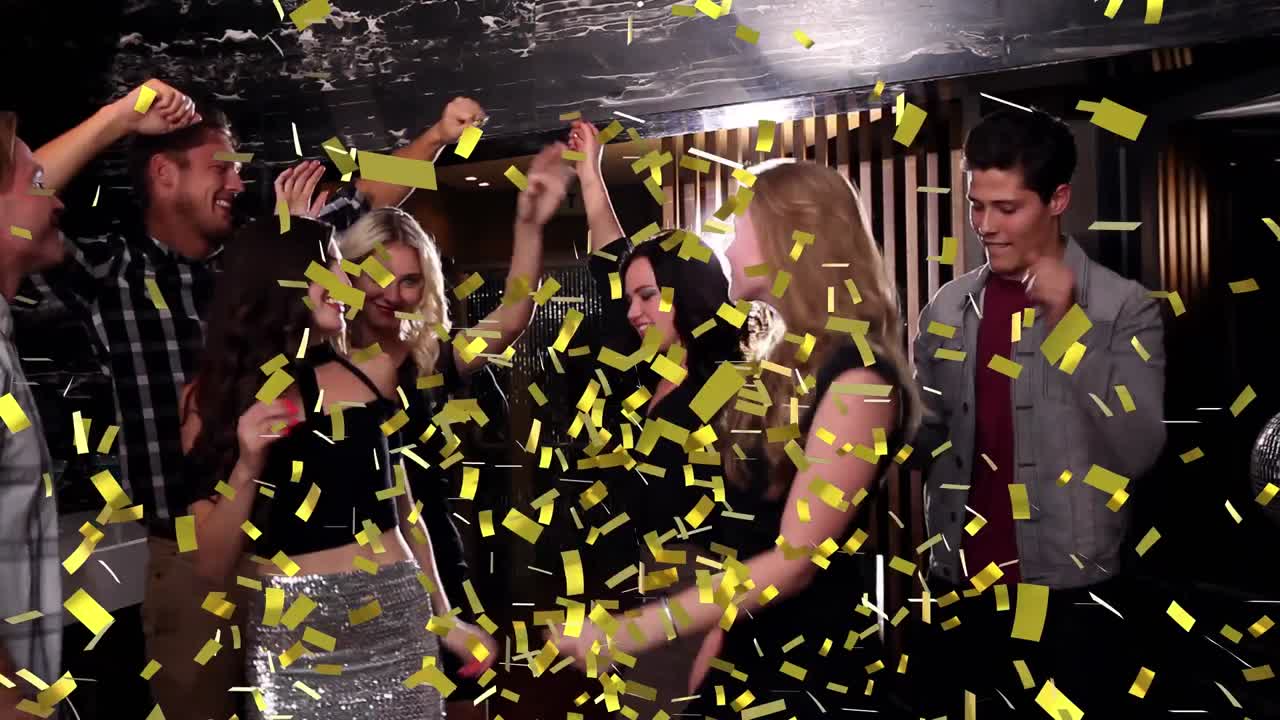 파티에서 춤추는 행복한 친구 그룹 위에 떨어지는 콘페티의 애니메이션