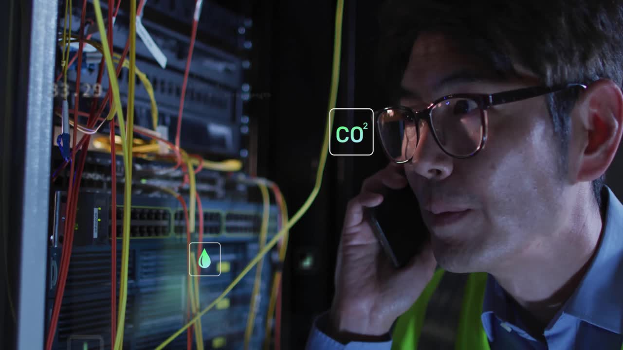 IT technician raising phone to ear calling and monitoring server rack with holographic CO? metrics