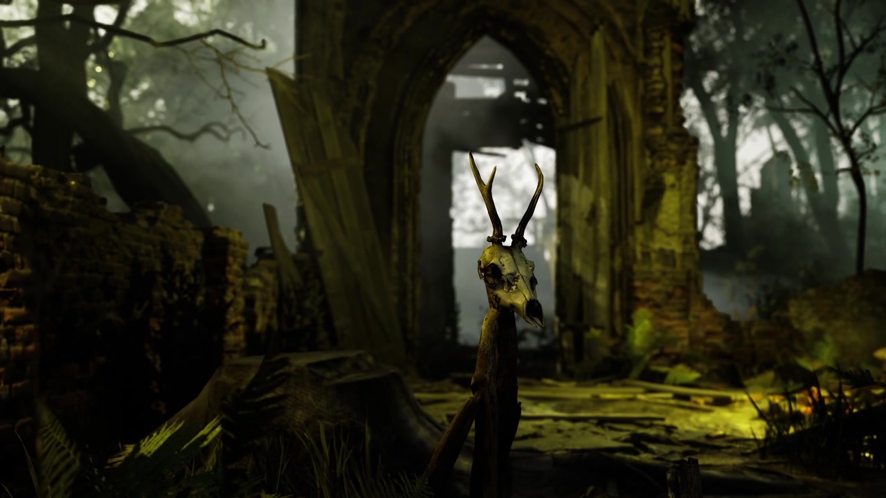 Mysterious skull in overgrown ruins evokes ancient tales of nature and decay