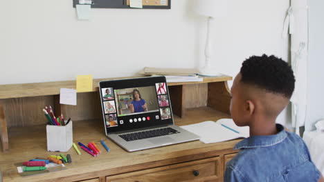 schoolboy using laptop for online lesson at home, with diverse teacher and class on screen