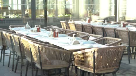 front view of chairs for dining table in restaurant close up shot