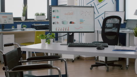 silla de ruedas para empleados discapacitados colocada en un espacio de trabajo vacío moderno