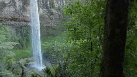 a shot of a waterfall called bridal falls in raglan new zealand